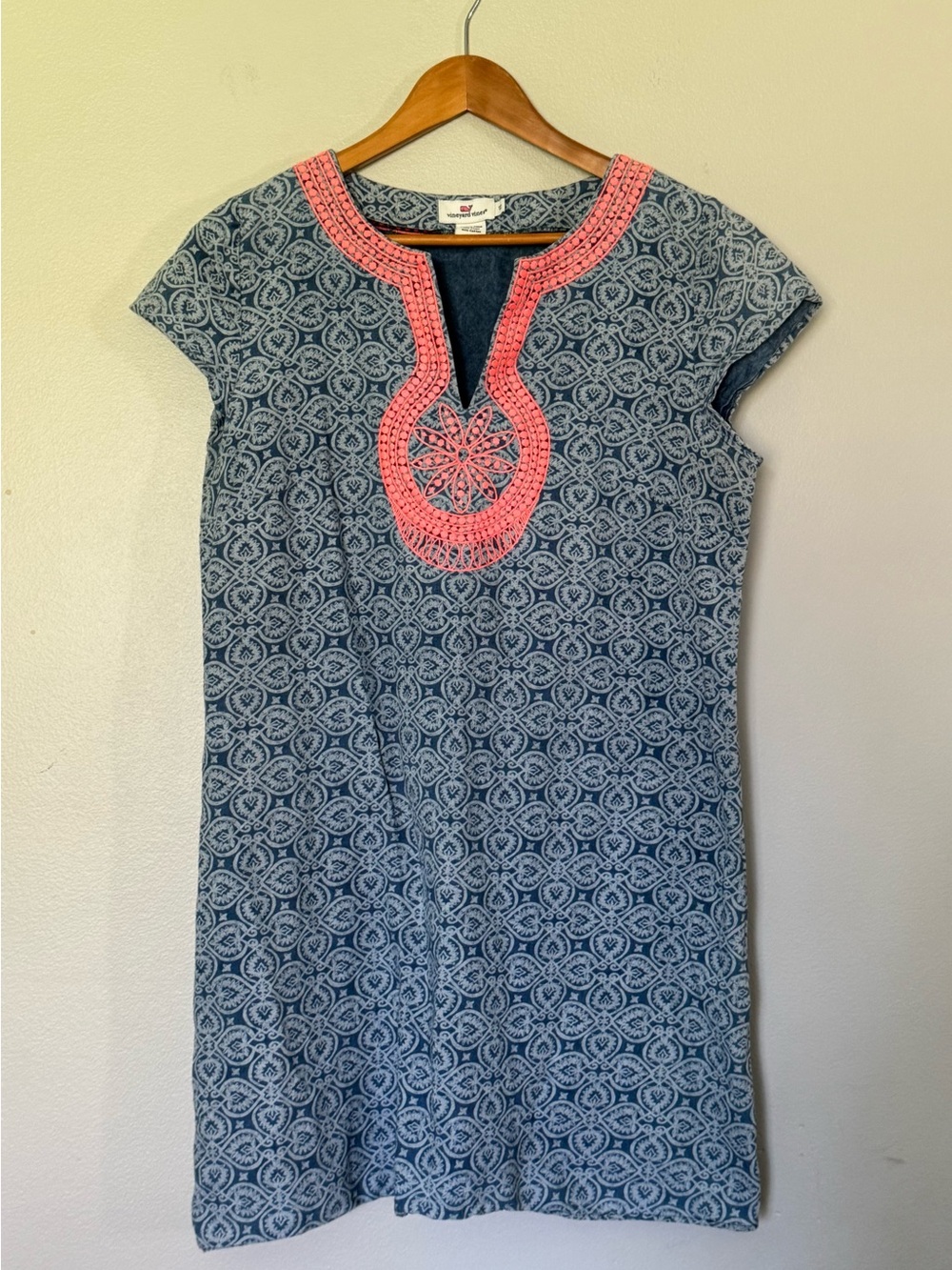 Vineyard Vines Indigo and Coral Print Shift Dress Sz 12 cotton linen blend